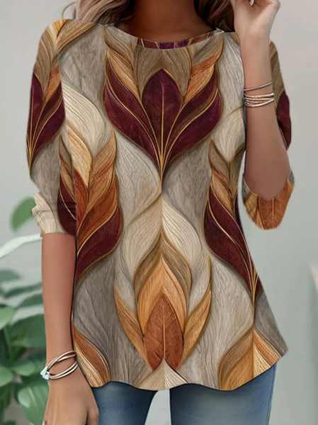 

Women Abstract Long Sleeve Tee T-shirt Crew Neck Casual Spring/Fall Tunic Top, Brown, T-Shirts