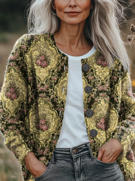 

Women Floral Printing Long Sleeve Crew Neck Vintage Spring/Fall Cardigan Outerwear, Yellow, Cardigans