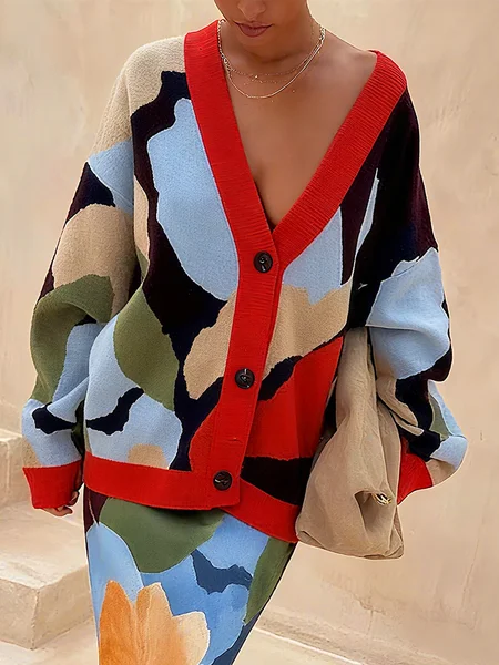 

Casual Random Print V Neck Sweater Cardigan, As picture, Cardigans