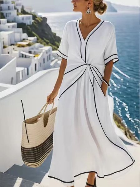 

Women Striped Short Sleeve Summer Split Joint Dress V Neck Daily Vintage Maxi Tank A-Line Dress, White, Dresses
