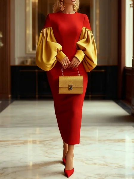 

Elegant Color Block Crew Neck Maxi Dress, Red, Maxi Dresses
