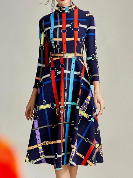 

Casual 3D Printing Stand Collar Knee Length Dress, As picture, Midi Dresses