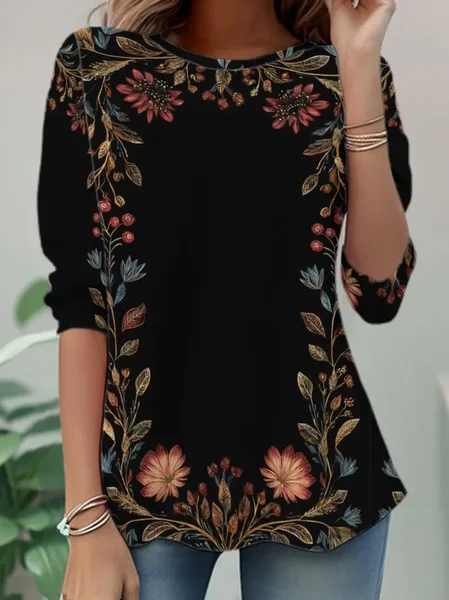 

Casual Floral Crew Neck Long Sleeve T-shirt, Black, T-shirts