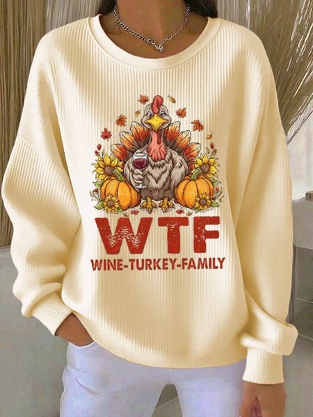 

Casual Crew Neck Turkey Print Comfy Loose Sweatshirt, Apricot, Hoodies & Sweatshirts