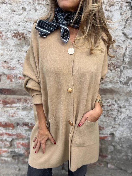 

Casual Plain Buttoned Crew Neck Cardigan, Khaki, Sweaters & Cardigans