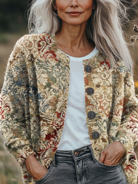 

Women Floral Printing Long Sleeve Crew Neck Vintage Spring/Fall Cardigan Outerwear, Apricot, Cardigans