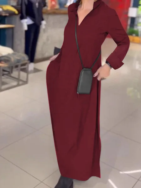 

Casual Plain Shirt Collar Maxi Dress, Red, Maxi Dresses