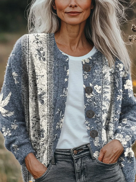 

Women Floral Printing Long Sleeve Crew Neck Vintage Spring/Fall Cardigan Outerwear, Blue, Cardigans