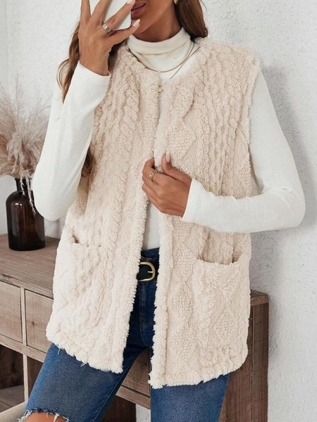 

Embossed Street Plain Regular Fit Double-sided Collarless Plush Pocket Casual Cardigan Vest, Apricot, Vests & Gilets