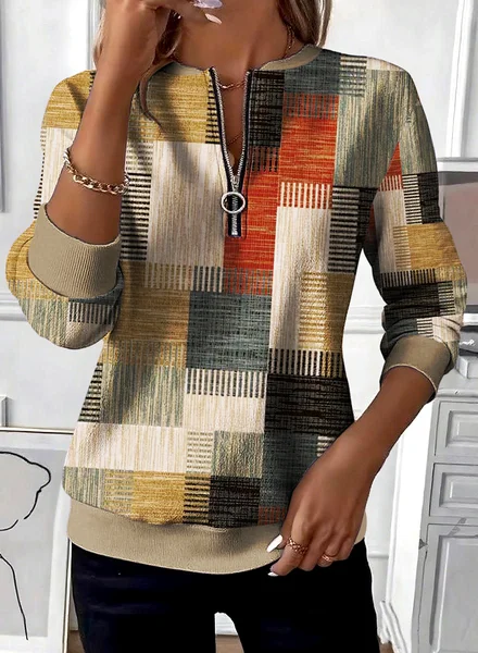 

Casual Stand Collar Geometric Sweatshirt, Khaki, Hoodies & Sweatshirts