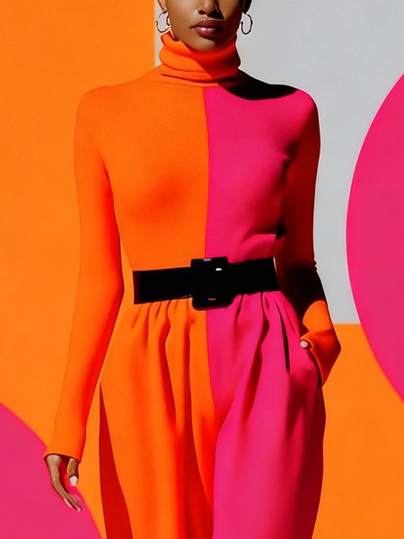 

Elegant Color Block Split Joint Turtleneck T-shirt, As picture, Tees