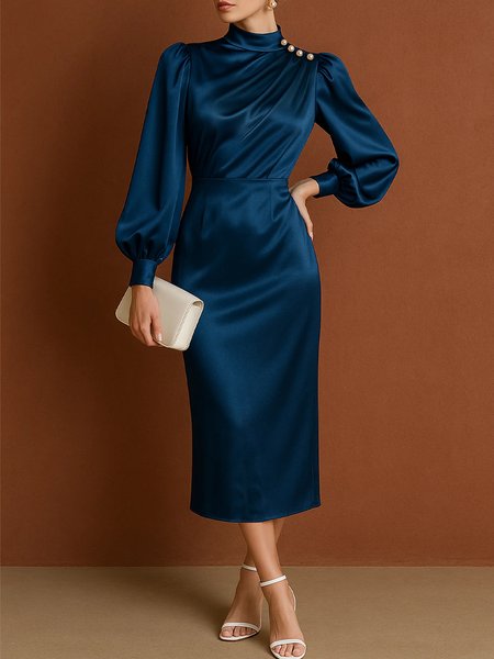 

Elegant Plain Satin Buttoned Stand Collar Midi Dress, Deep blue, Midi Dresses