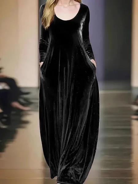 

Women Plain Long Sleeve Spring/Fall Split Joint Dress Crew Neck Daily Vintage Maxi Velvet A-Line Dress, Black, Dresses