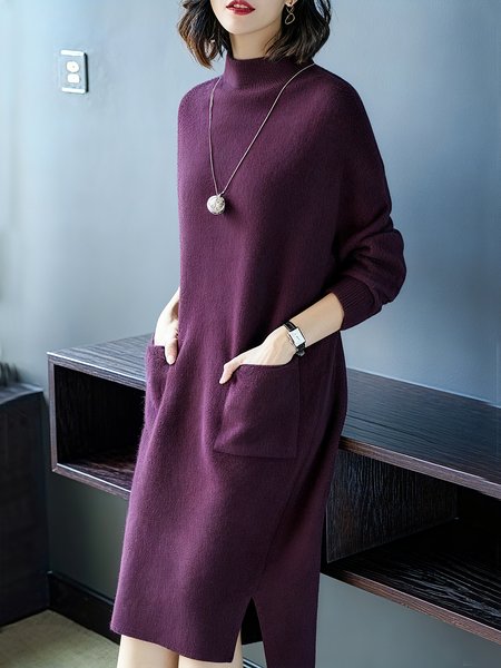 

Casual Plain Raglan Sleeve Mock Neck Sweater Knee Length Dress, As picture, Midi Dresses
