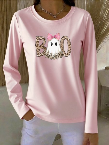 

Casual Halloween Crew Neck Long Sleeve T-shirt, Pink, T-shirts