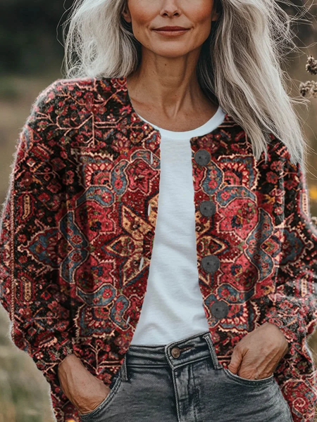 

Women Floral Printing Long Sleeve Crew Neck Vintage Spring/Fall Cardigan Outerwear, Red, Cardigans