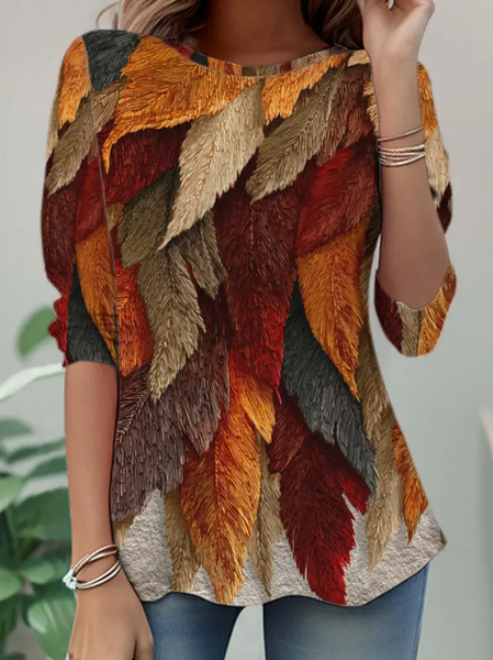 Women Leaf Long Sleeve Tee T-shirt Crew Neck Casual Spring/Fall Tunic Top