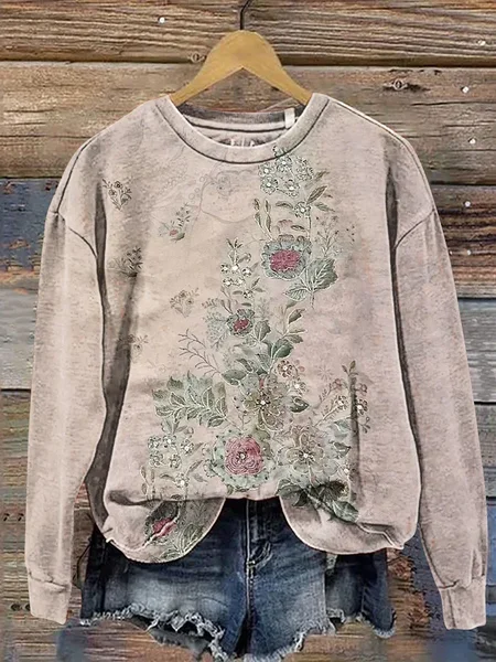 

Women Floral Crew Neck Printing Casual Spring/Fall Long Sleeve Sweatshirt, Apricot, Sweatshirts & Hoodies