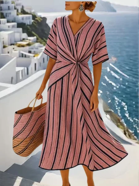 

Women Striped Short Sleeve Summer Split Joint Dress V Neck Daily Vintage Maxi Tank A-Line Dress, Peach, Dresses