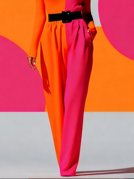 

Elegant Color Block Straight Pants No Belt, As picture, Pants