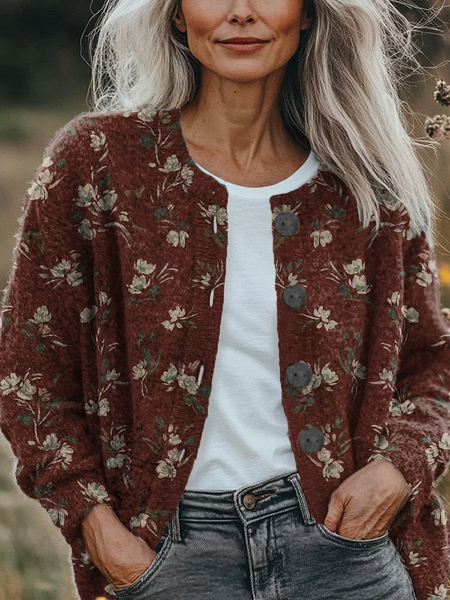 

Women Floral Printing Long Sleeve Crew Neck Vintage Spring/Fall Cardigan Outerwear, Red brown, Cardigans