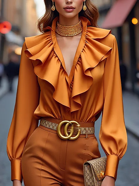 

Casual Plain Buttoned Peplum Blouse, Orange, Blouses and Shirts