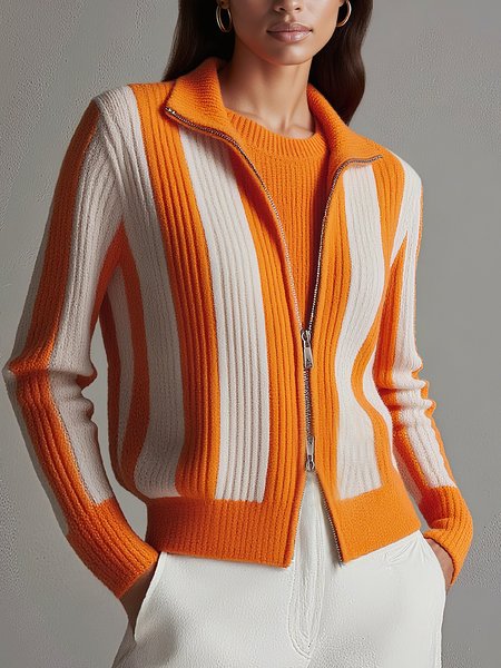 

Yarn/Wool Yarn Urban Striped Zipper Cardigan, Orange, Cardigans