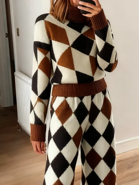 

Casual Geometric Turtleneck Sweater, As picture, Pullovers