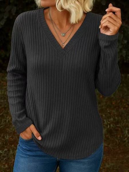 

Women Plain V Neck Casual Long Sleeve T-shirt, Black, Long Sleeves