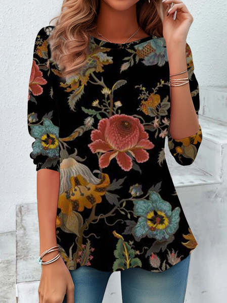 

Women Floral Long Sleeve Tee T-shirt Crew Neck Casual Spring/Fall Tunic Top, Black, T-Shirts