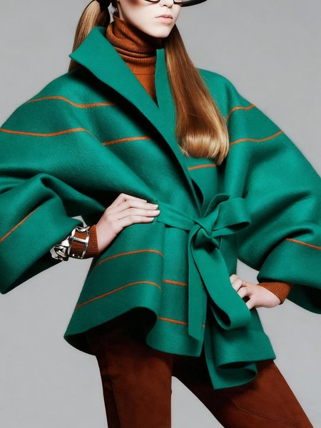 

Casual Loosen Printing Striped Shawl Collar Coat With Belt, Green, Coats