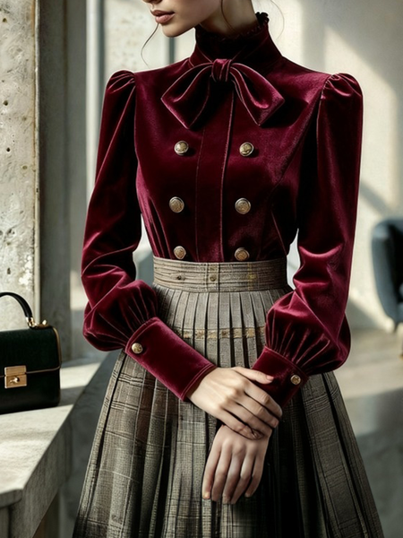 

Velvet Elegant Plain Mock Neck Blouse, Wine red, Blouses and Shirts