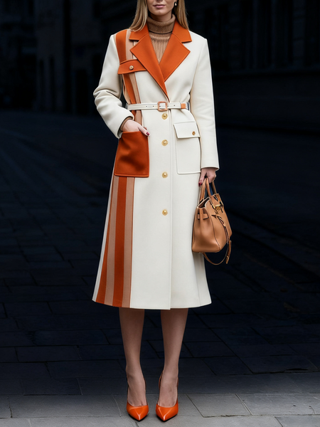 

Urban Color Block Lapel Collar Coat No Belt, As picture, Coats