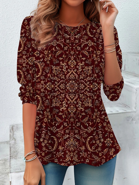 

Women Floral Long Sleeve Tee T-shirt Crew Neck Casual Spring/Fall Tunic Top, Crimson, T-Shirts