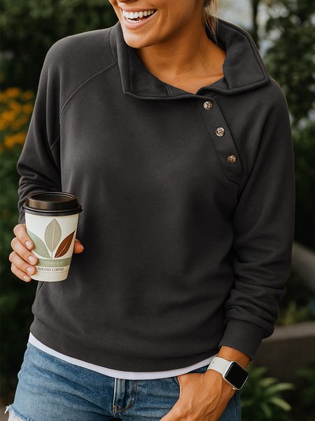 

Women Plain Asymmetrical Collar Split Joint Vintage Spring/Fall Long Sleeve Sweatshirt, Black, Sweatshirts & Hoodies