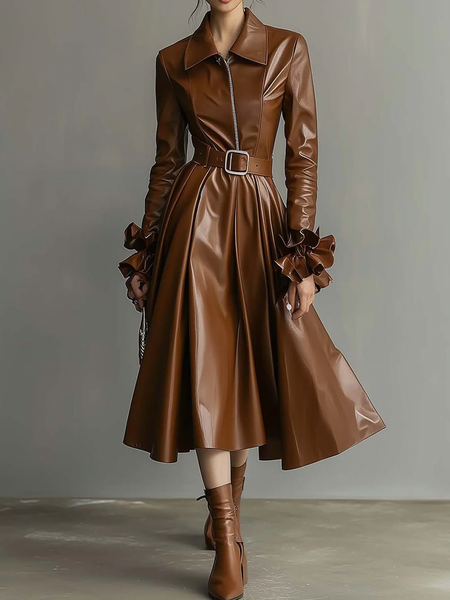

Elegant Plain Shirt Collar Midi Dress With Belt, Brown, Midi Dresses