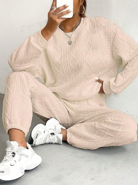 

Women's Embossed Plain Daily Going Out Two-Piece Set White Casual Spring/Fall Top With Pants Matching Set, Apricot, Suits