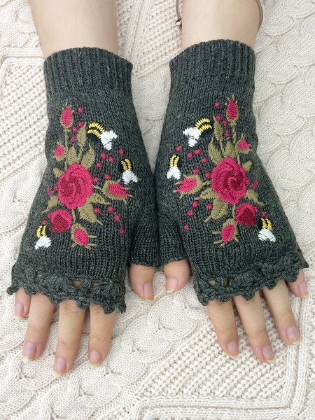 

Knitted Boho Floral Autumn And Winter Ins Embroidered Women's Warm Gloves Bee Flower Adult Knitted Gloves Embroidered Wool Gloves, Deep gray, Gloves