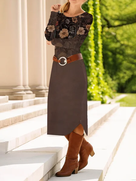

Women Floral Long Sleeve Spring/Fall Dress Crew Neck Daily Casual Midi T-Shirt Dress A-Line Dress, Brown, Casual Dresses