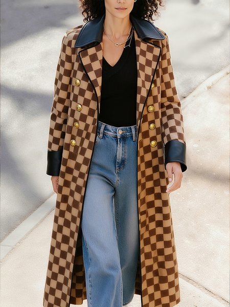 

Urban Split Joint Plaid Lapel Collar Coat, Brown, Coats