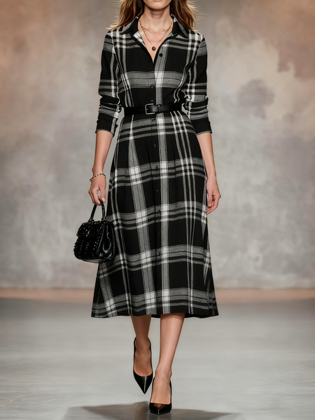 

Urban Plaid Shirt Collar Midi Dress No Belt, As picture, Midi Dresses