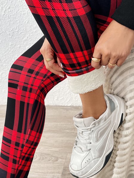 

Women Plaid Casual Winter Printing Long Leggings, Red, Leggings