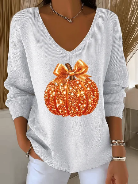 

Women Halloween (pumpkin) Long Sleeve Tee T-shirt V Neck Printing Casual Spring/Fall Top, White, T-Shirts