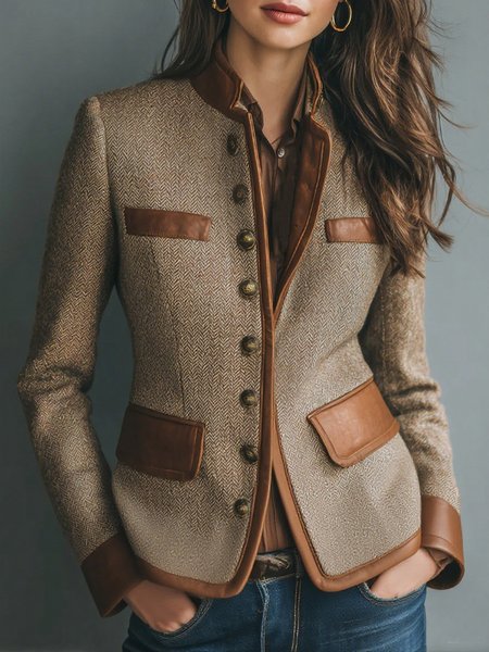 Urban Buttoned Piping Herringbone Stand Collar Jacket