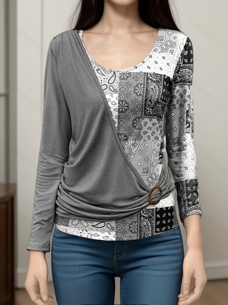 

Women Geometric Long Sleeve Tee T-shirt Crew Neck Printing Vintage Spring/Fall Top, Gray, T-Shirts