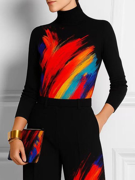 

Urban Abstract Printing Turtleneck Regular Sleeve T-shirt, Black, Tees