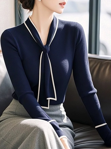 

Yarn/Wool Yarn Elegant Color Block Sweater, Blue, Pullovers