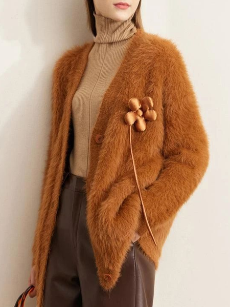 

Yarn/Wool Yarn Urban Plain Buttoned Cardigan Brooch, Orange, Cardigans