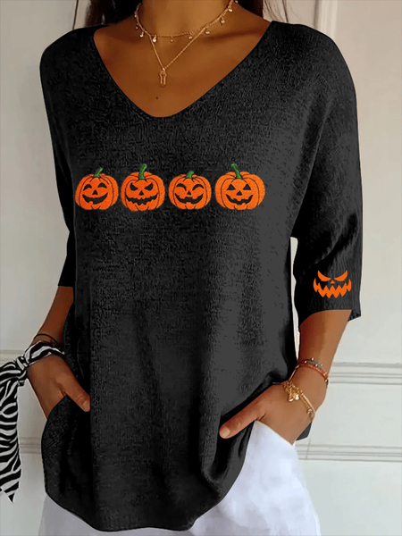 Women Halloween (pumpkin) Three Quarter Sleeve Tee T-shirt V Neck Printing Casual Spring/Fall Graphic Tee Top