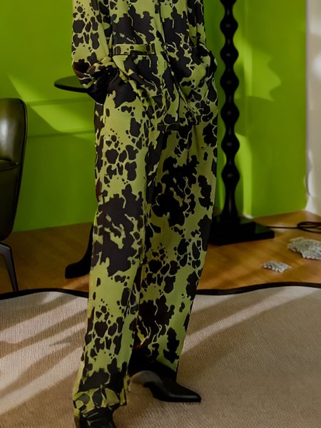 

Casual Random Print Printing Wide Leg Pants, Green, Pants